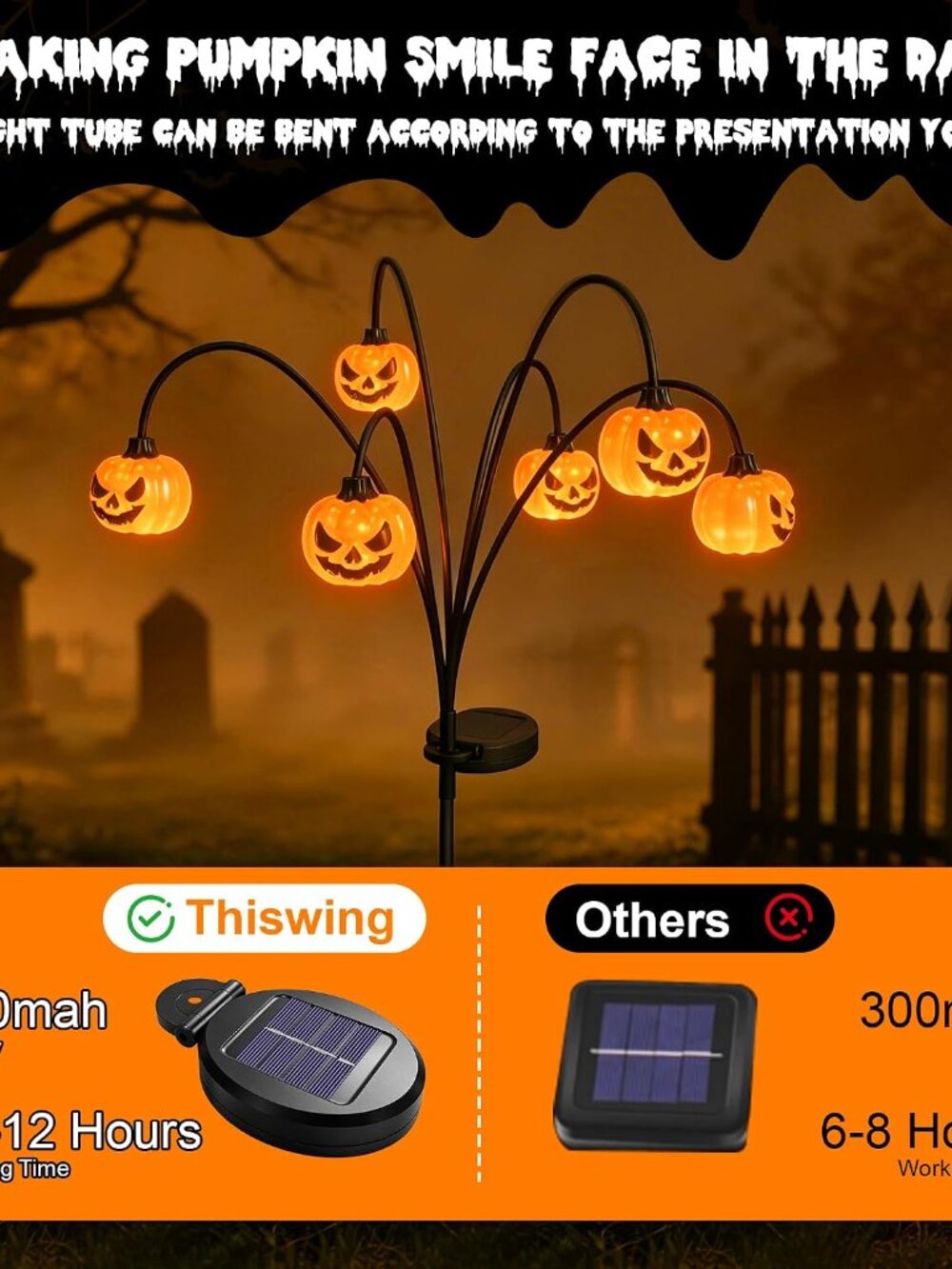2 Pack Solar Halloween Lights Outdoor Decorations, Fall Pumpkin Lanterns - Picture 5 of 8